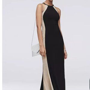 XSCAPE Black Caviar Beaded Mesh Halter Gown - Size 6